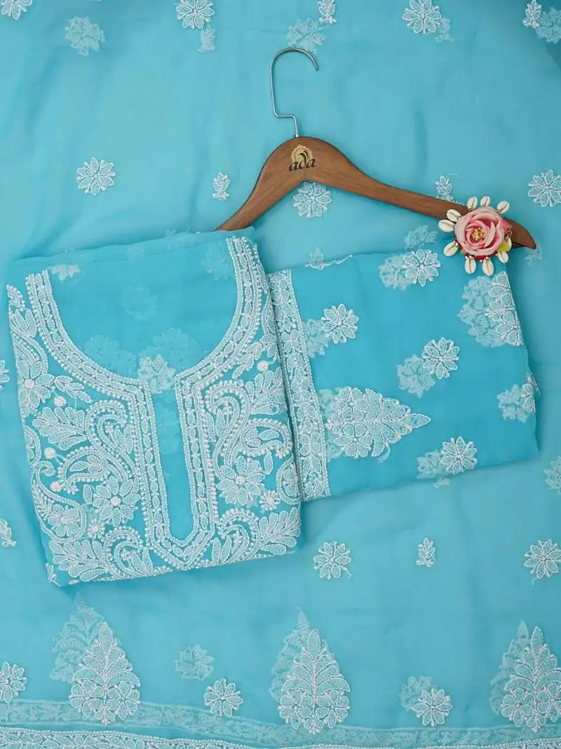 Hand embroidered blue georgette lucknowi chikankari unstitched suit piece