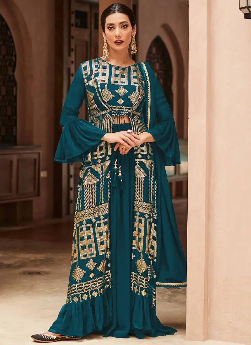 Aqua blue embroidered georgette palazzo suit stitched