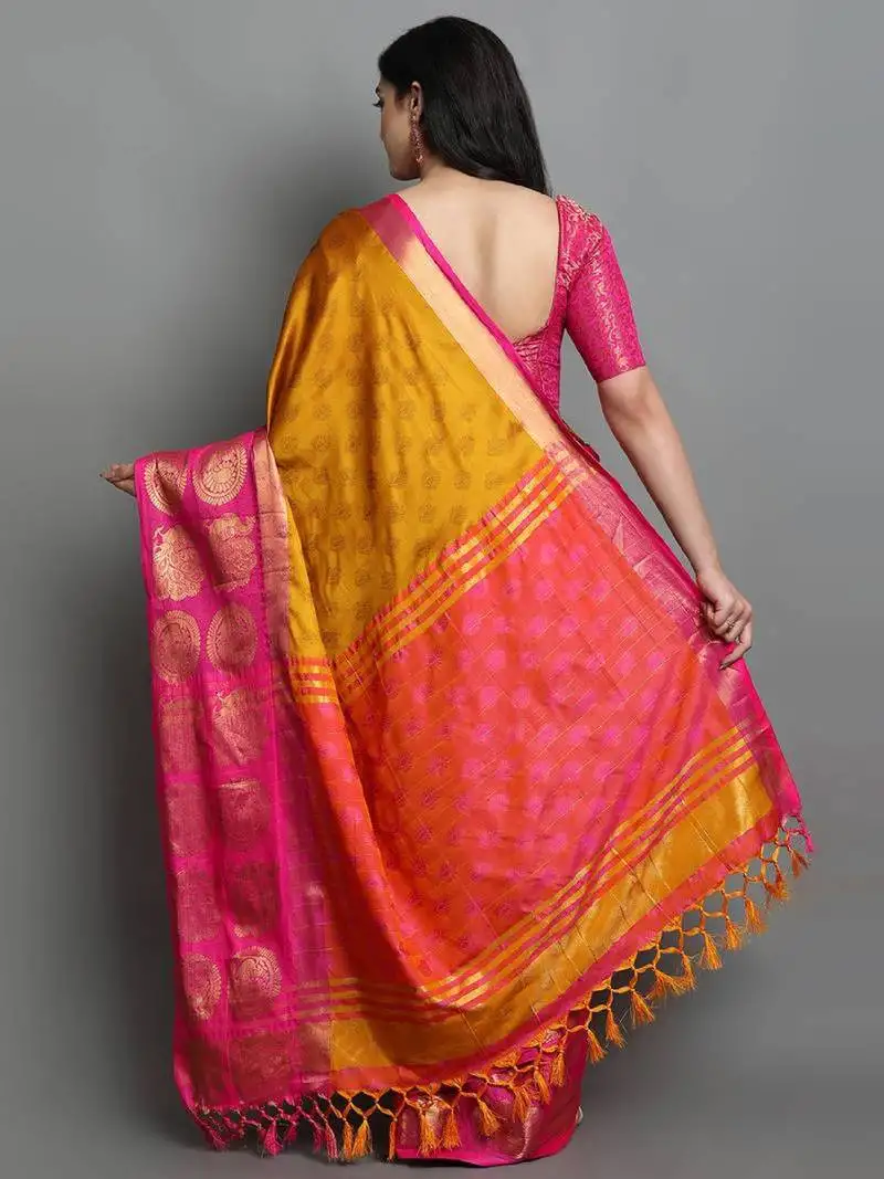 Yellow & rani pink woven art silk saree