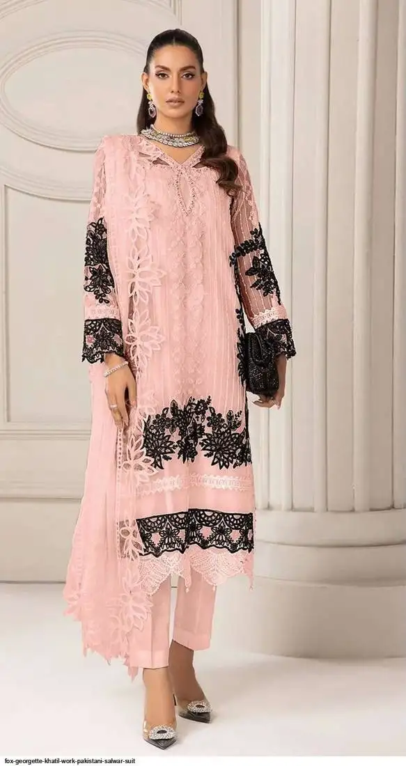 Baby pink sequins work faux georgette salwar kameez unstitched