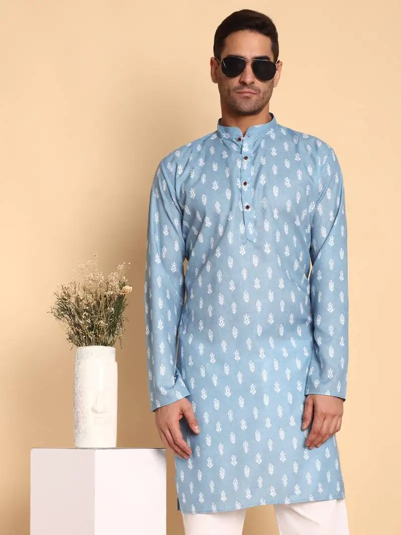 Botalical damask digital print knee length kurta mandarin collar mandarin collar beige small