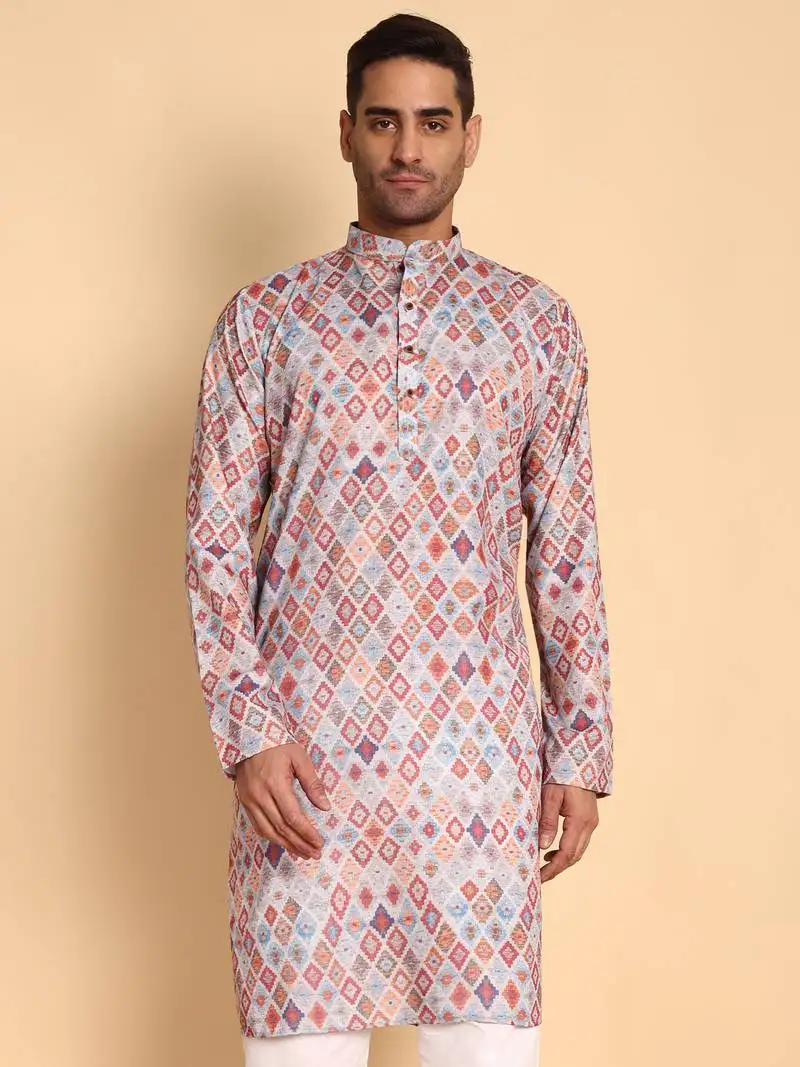 Chinoiserie digital print knee length kurta mandarin collar mandarin collar cream small