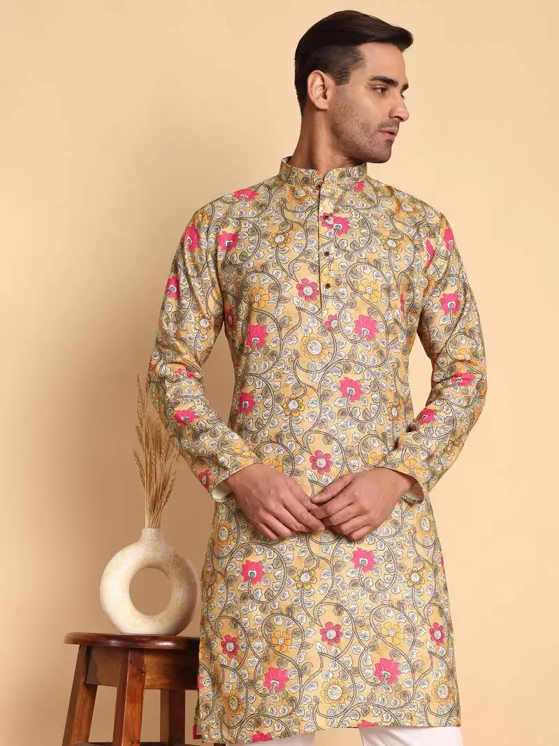 Art nouveau batik digital print knee length kurta mandarin collar mandarin collar chikoo small