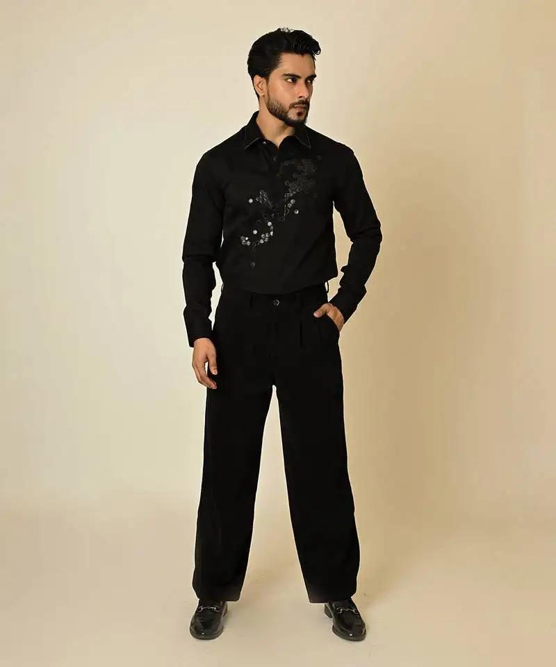 Black giza cotton embroidered thread broken honeycomb embellished shirt