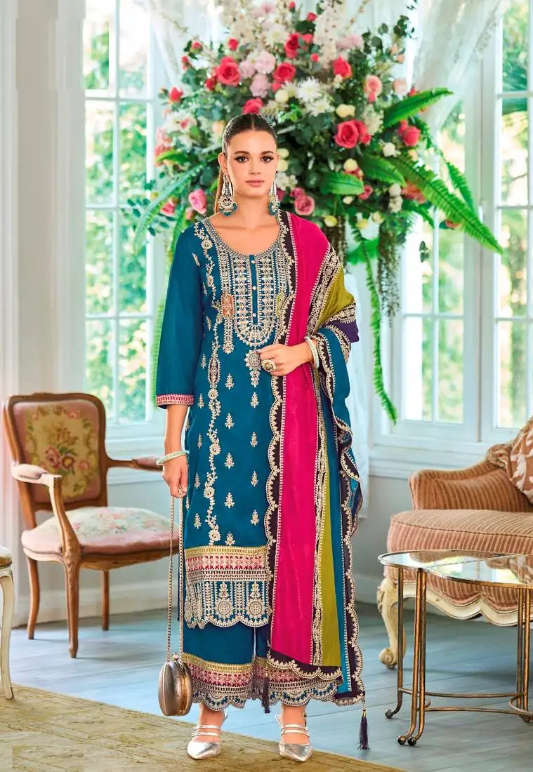 Aqua blue embroidered chinon punjabi salwar suit semi stitched