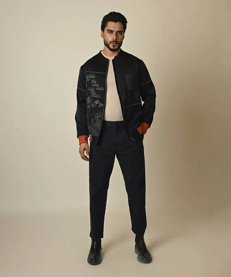 Navy blue satin suiting thread embroidered bomber jacket