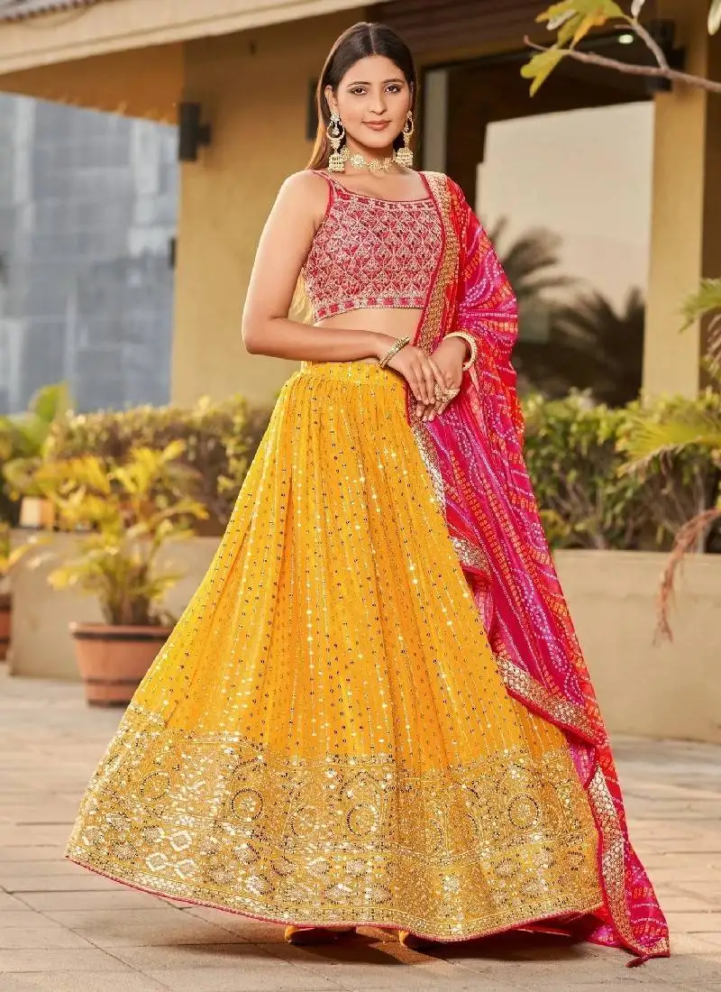 Yellow and pink georgette sequin embroidered lehenga