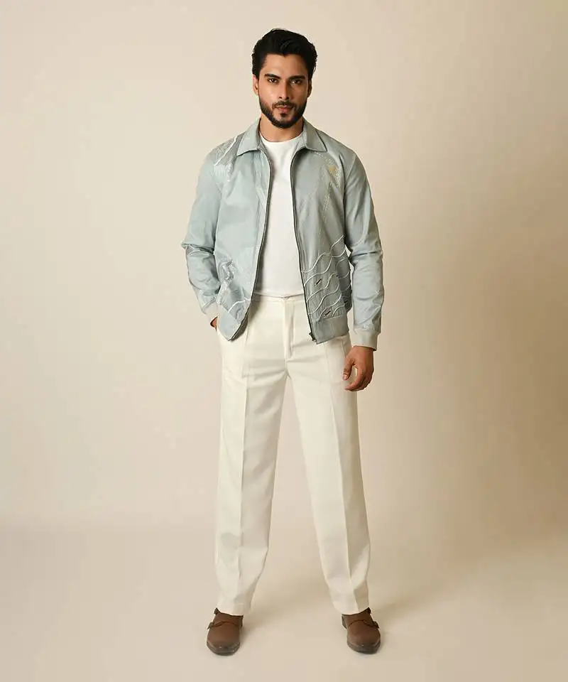 Baby blue suede thread embroidered bomber jacket