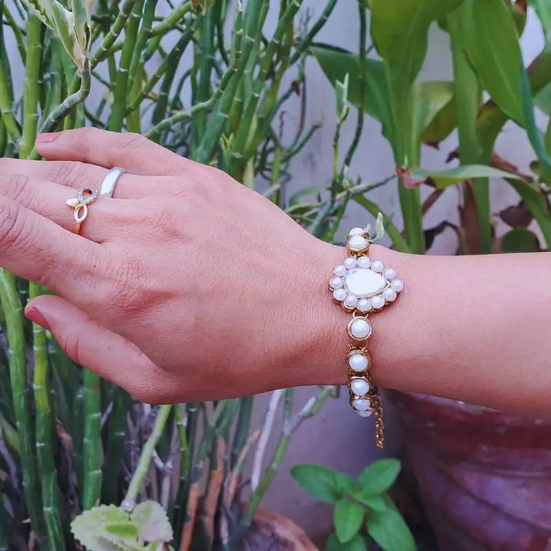 Adjustable size brass golden moti stud bracelet