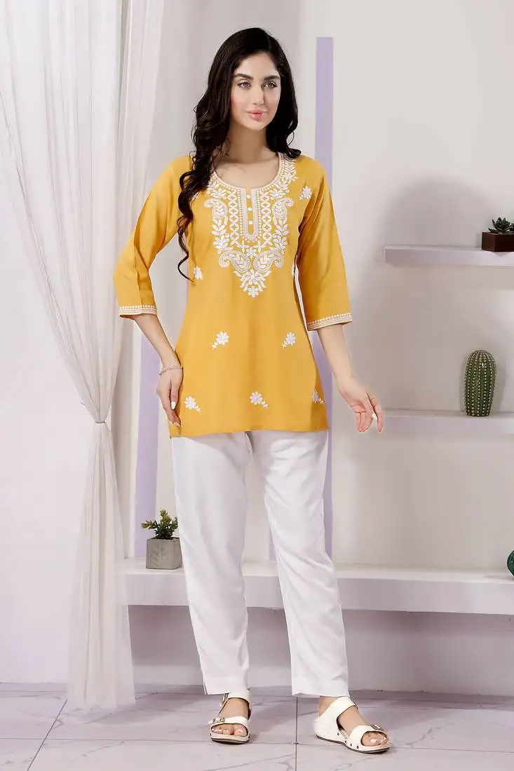 Yellow rayon fabric designer chikankari embroidery work formal kurti