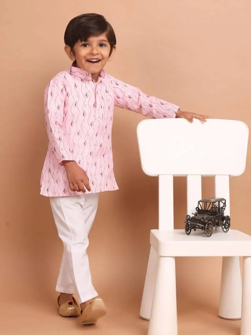 Boy's long sleeves printed short kurta suit