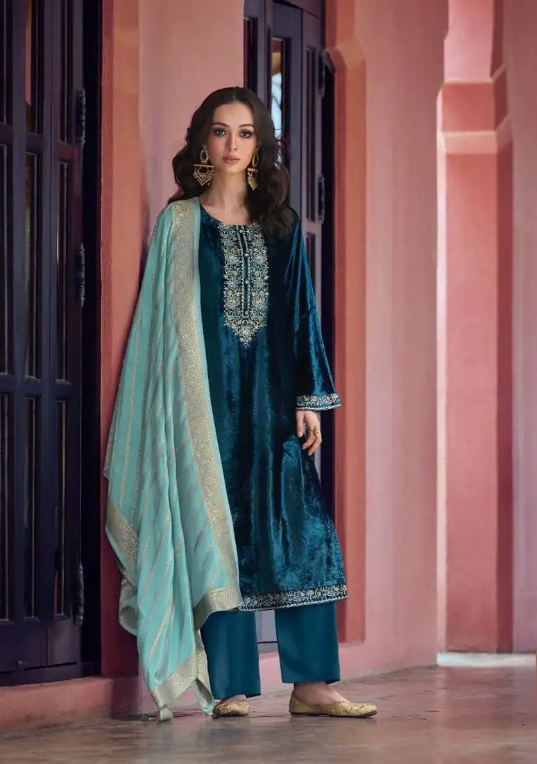 Aqua blue wedding wear beautiful velvet fabric palazzo dress for girlie looks semi stitched
