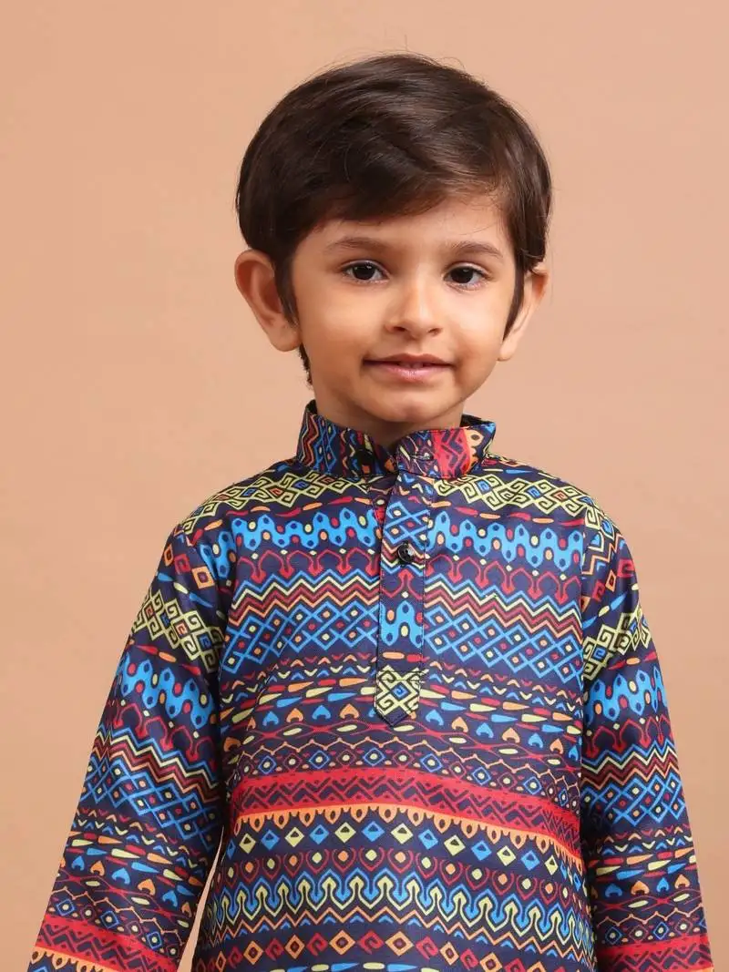 Boys cotton printed kurta suit - indeevar collection navy blue