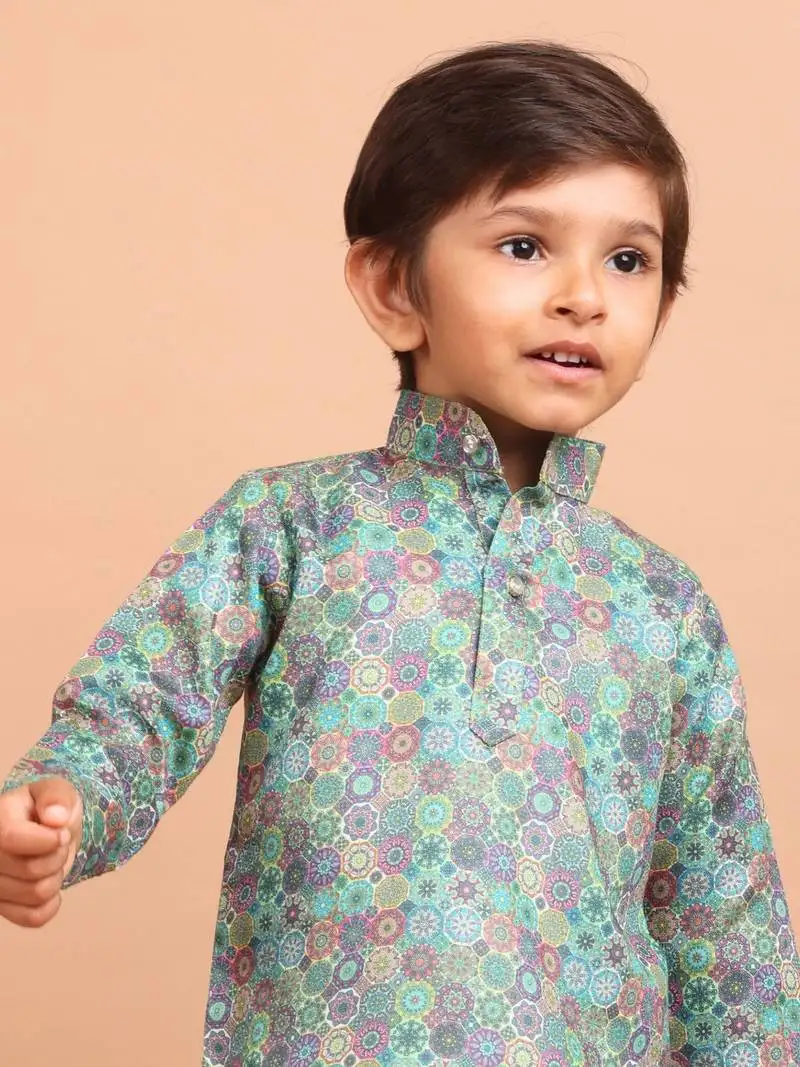 Boys cotton printed kurta suit - indeevar collection green