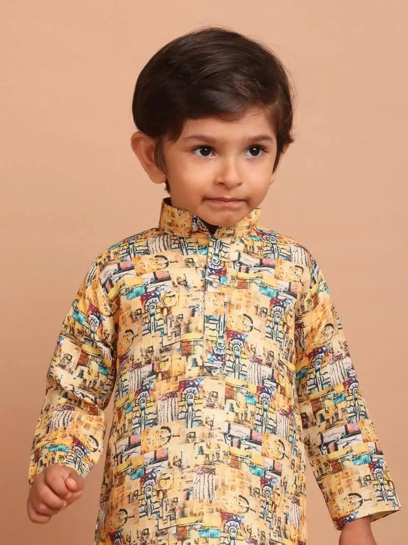 Boys cotton printed kurta suit - indeevar collection yellow
