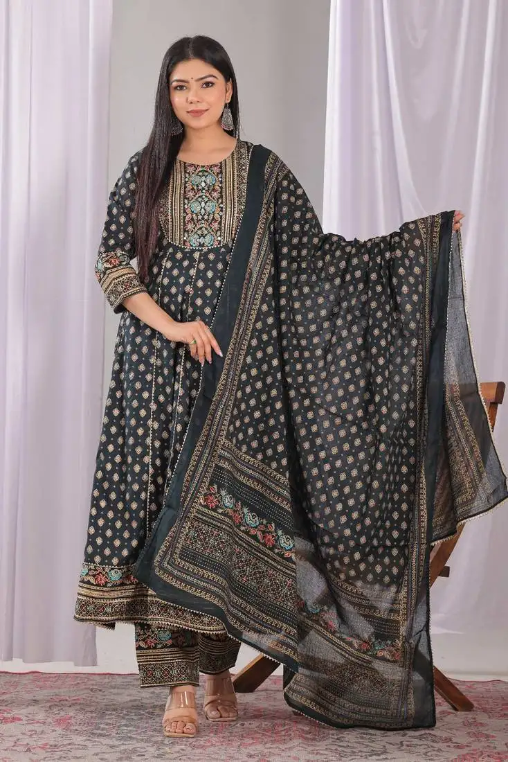 Dark green women embroidered gold printed anarkali kurta pant with dupatta set