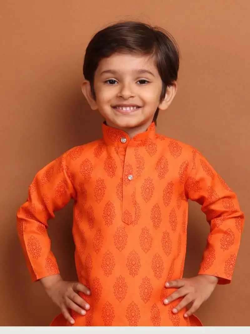 Boy's long sleeves printed short kurta dhoti suit