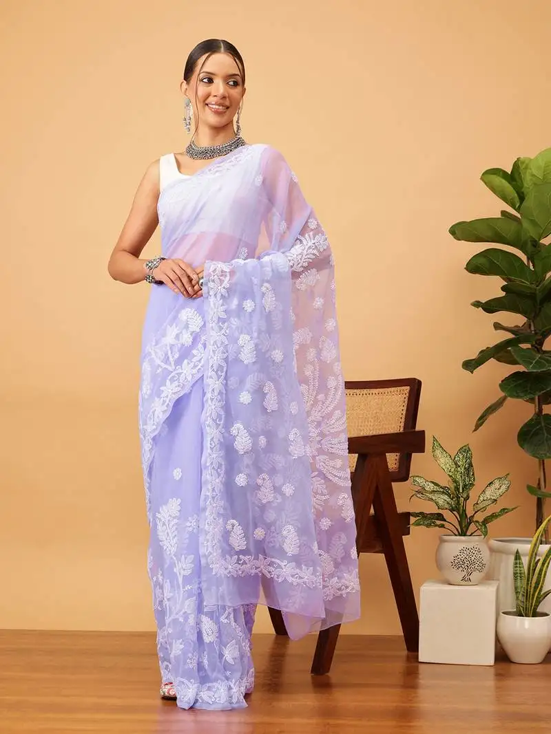 Hand embroidered mauve goergette lucknowi chikankari saree with blouse