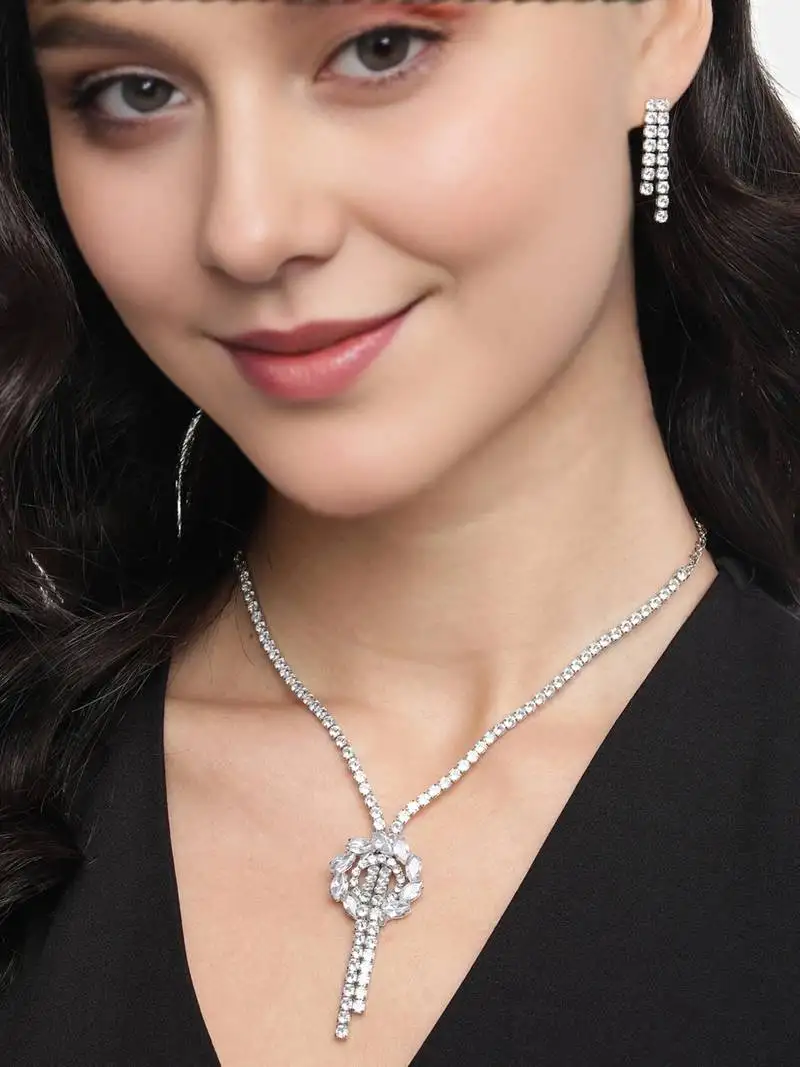 White color american diamond crystal stone work long jewelry set for women