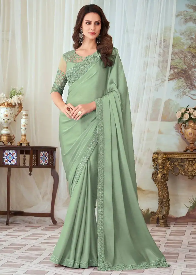 Green glorious silk embroidery party wear saree with blouse