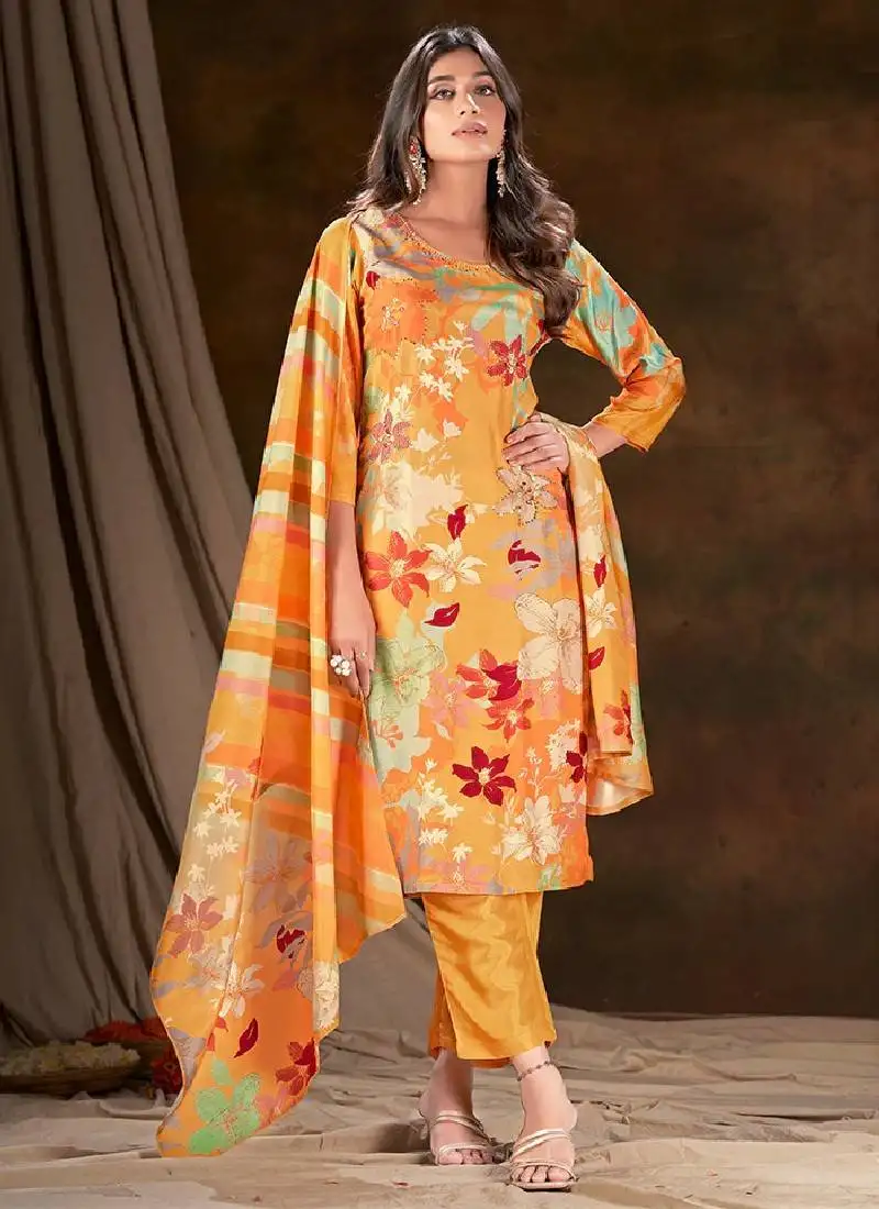 Yellow cotton printed kurta with pant & dupatta stitched