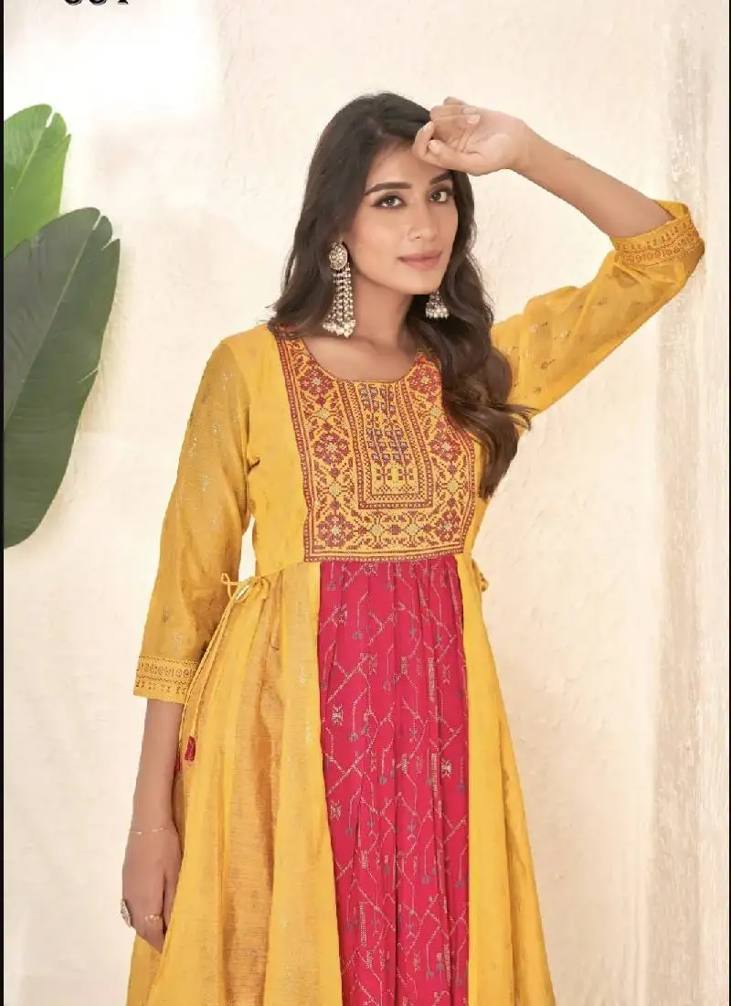 Yellow cotton silk printed gown stitched