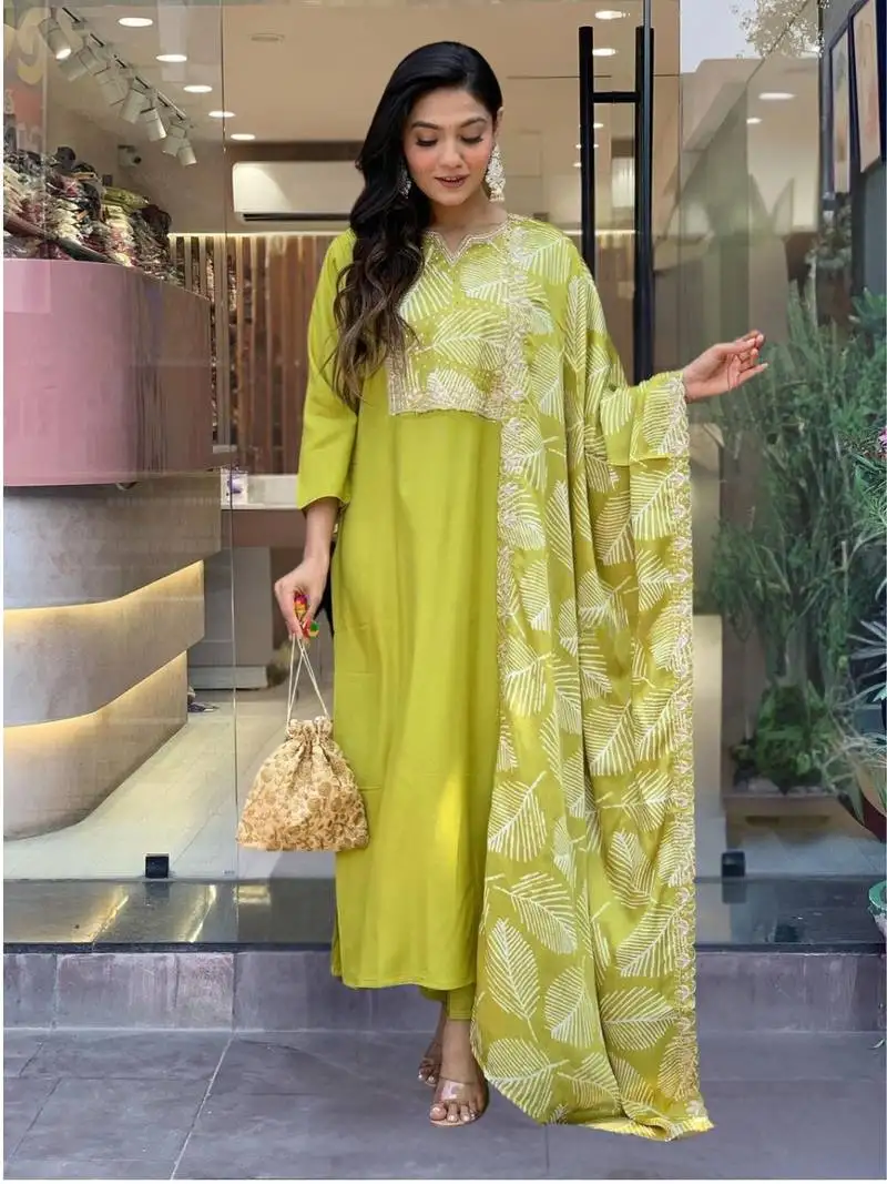 Yellow embroidered viscose fabric straight kurta, pant and dupatta set stitched
