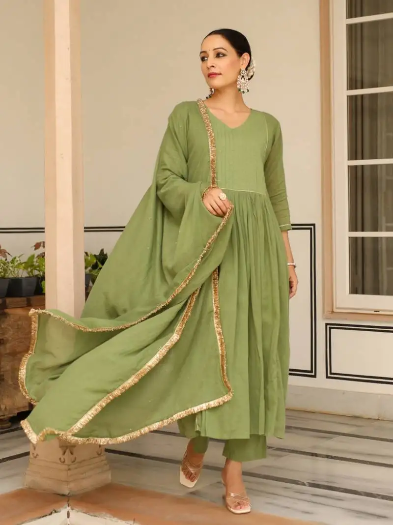 Light green pintucks mulmul cotton kurta set with trousers and dupatta
