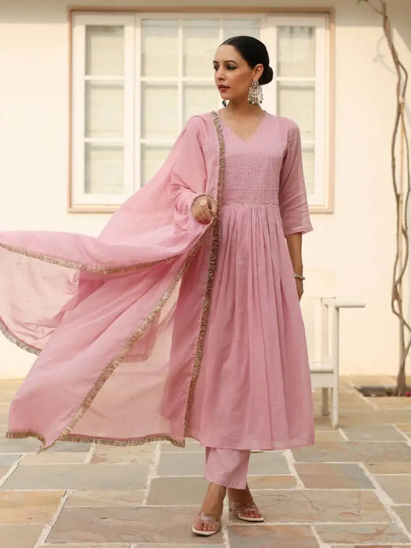 Baby pink pintucks mulmul cotton kurta set with trousers and dupatta