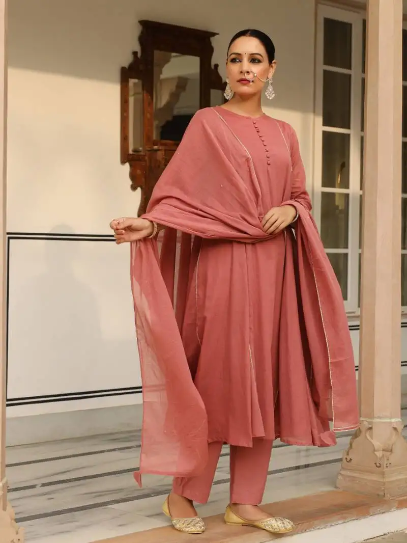 Dusty red mulmul cotton anarkali kurta set with trousers and dupatta