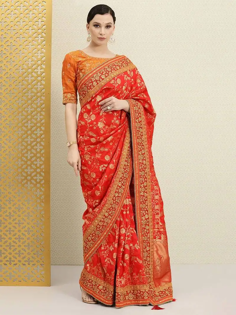 Women's silk embroidery saree with unstitched blouse piece