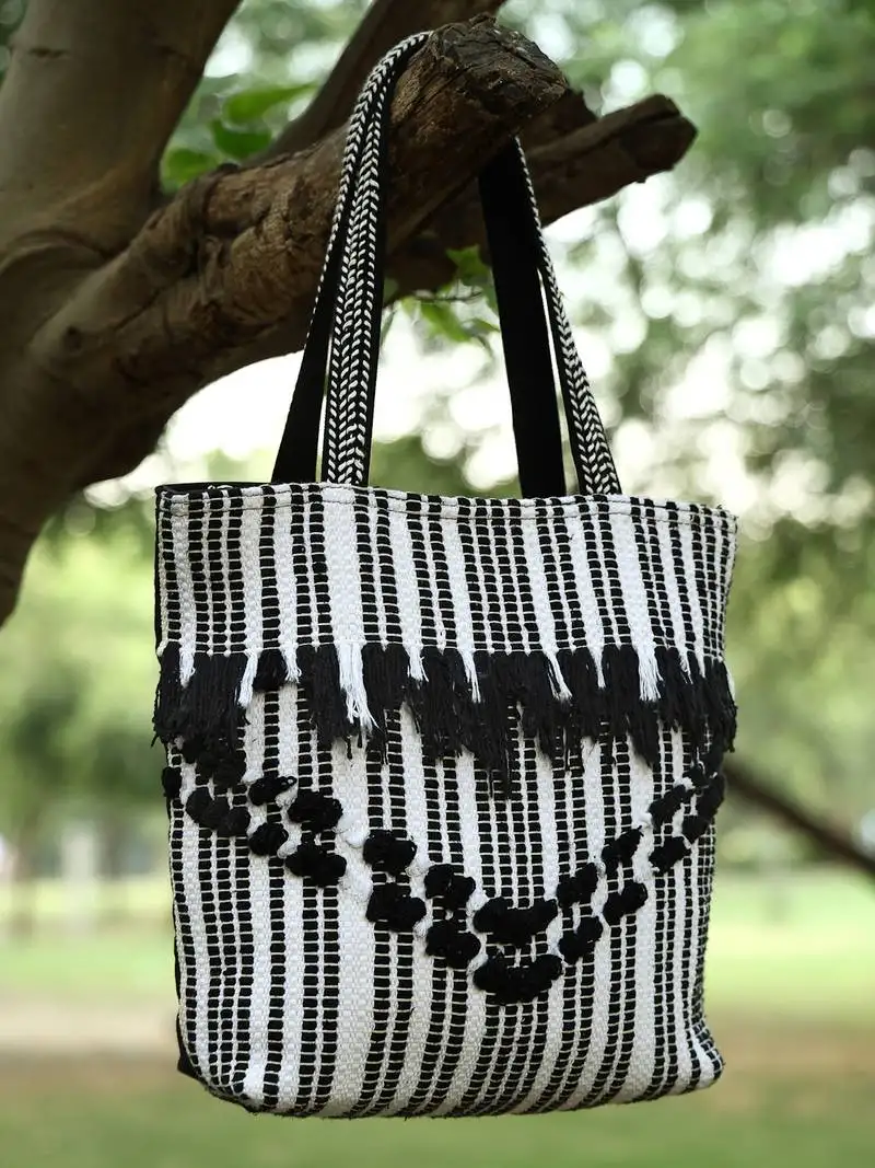 Boho black & white striped cotton dari canvas tote bag
