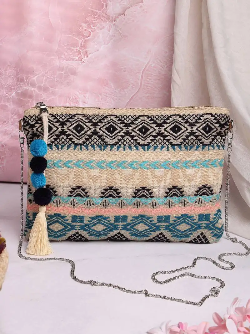 Tribal natural, ocean blue & multi tribal cotton jacquard sling bag