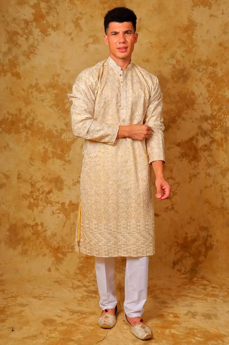 Zari work light mango kurta with trouser pajama
