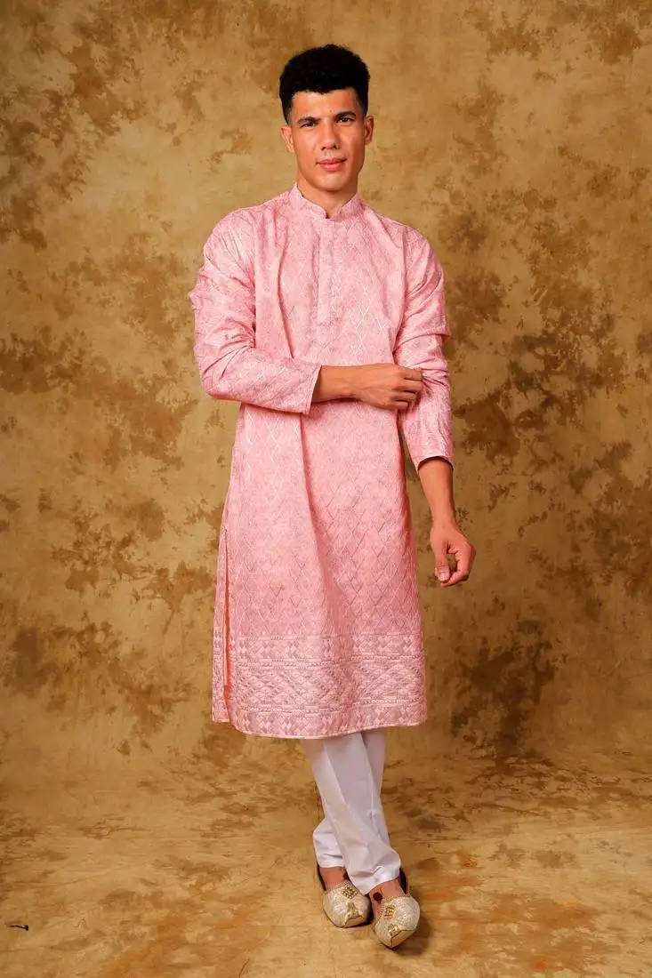 Zari work pink kurta with trouser pajama