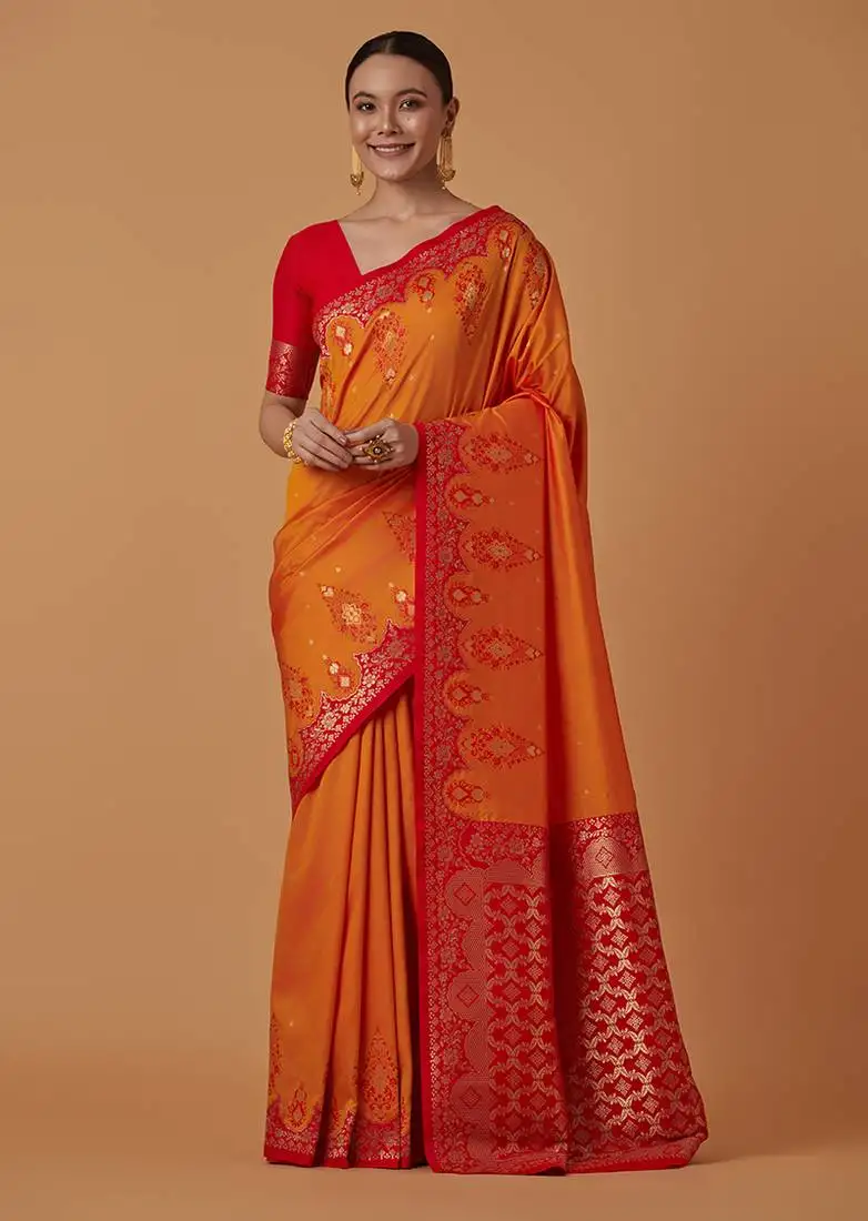Amber banarasi silk blend saree with zari woven brocade design & unstitched blouse piece