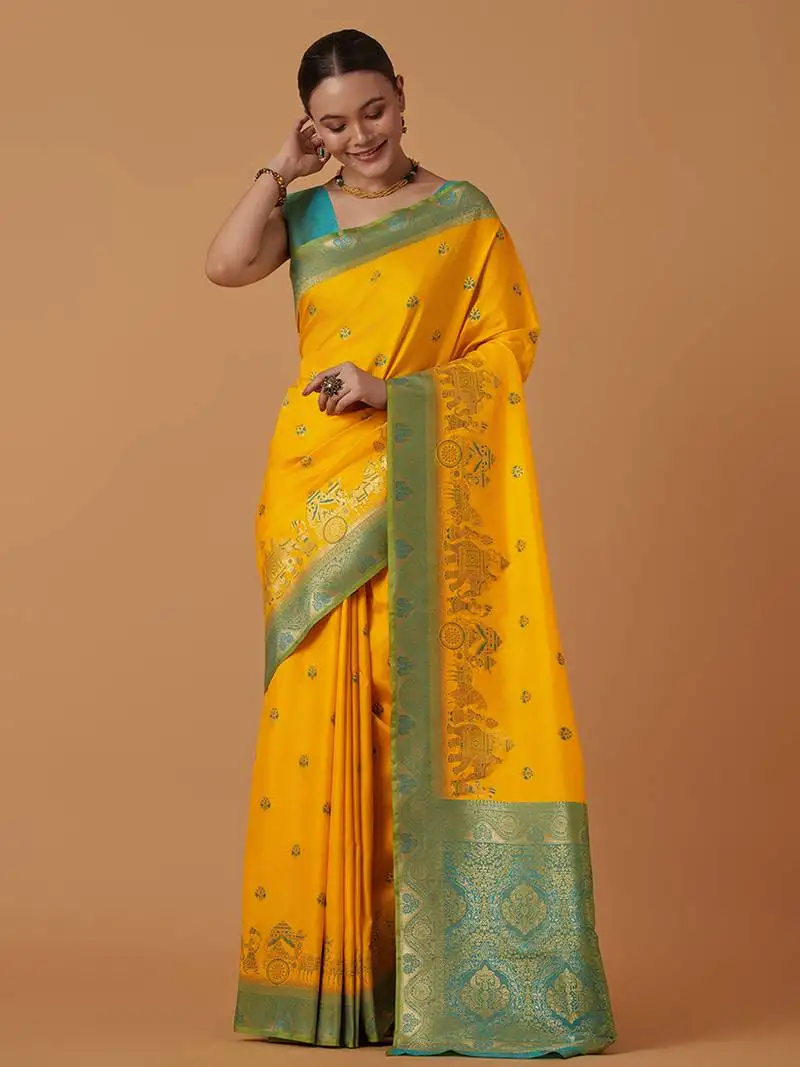 Yellow banarasi silk blend saree with dulha dulhan zari woven detailing