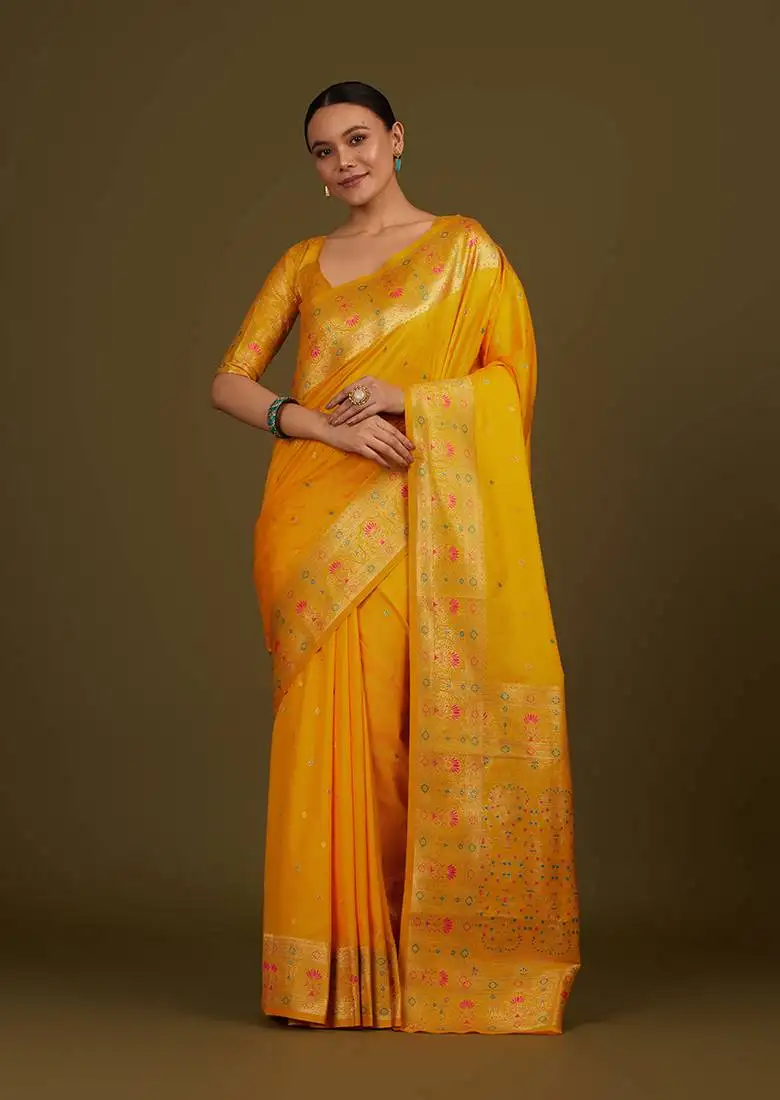 Yellow banarasi silk blend saree brocade motifs zari woven detailing & unstitched blouse piece