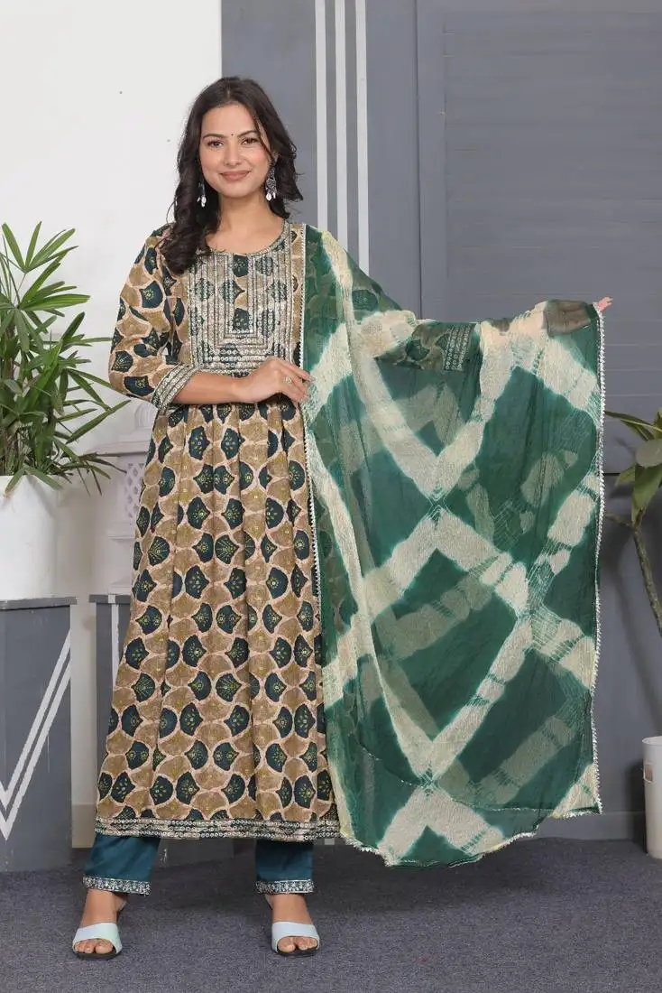 Green embroidered women rayon printed aline kurta pant with dupatta set