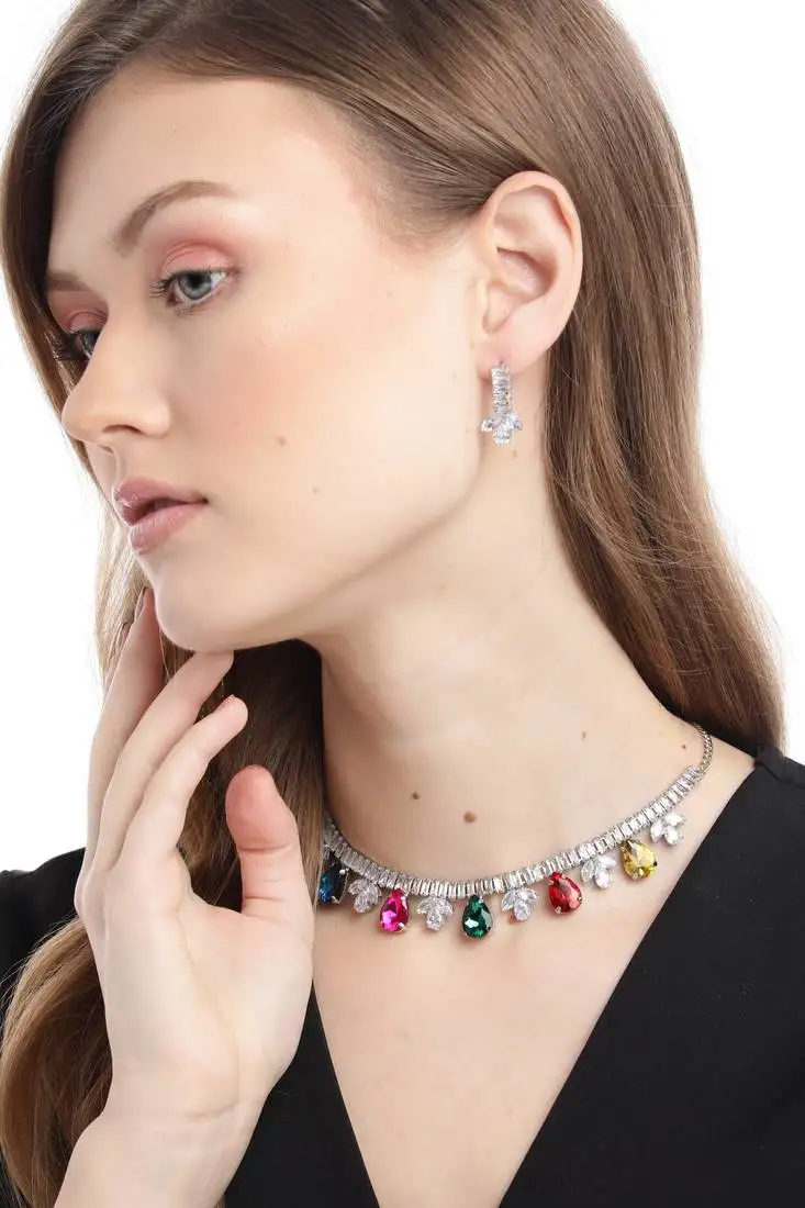 Multi color american diamond crystal stone work choker jewelry set for women