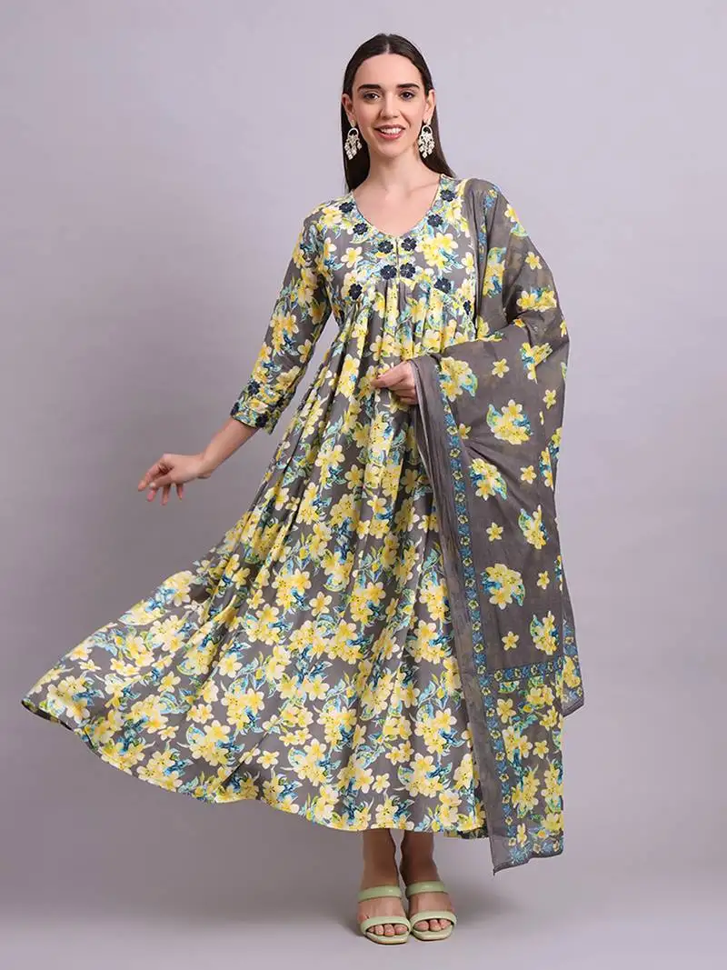 Yellow rayon floral printed & embroidery work anarkali dress with dupatta set