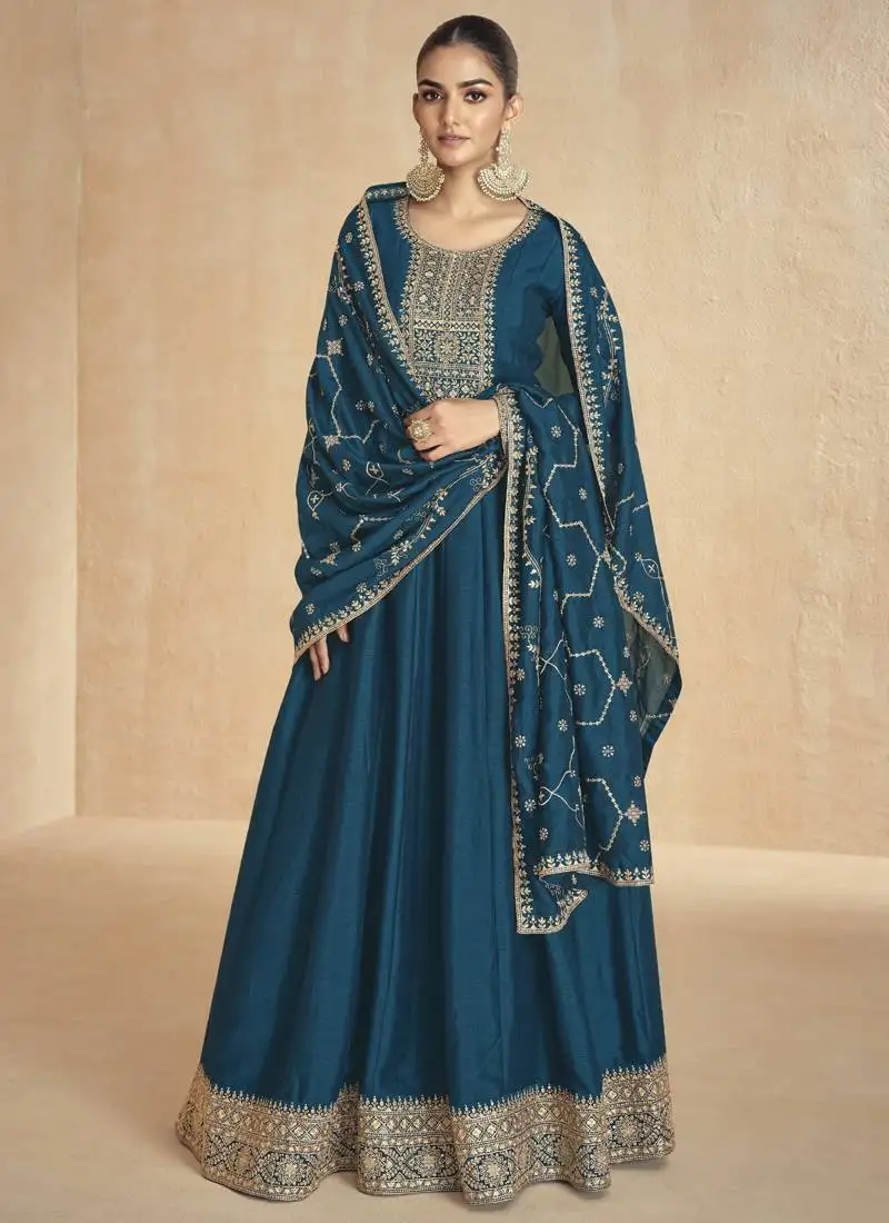 Aqua blue silk embroidered anarkali suit stitched