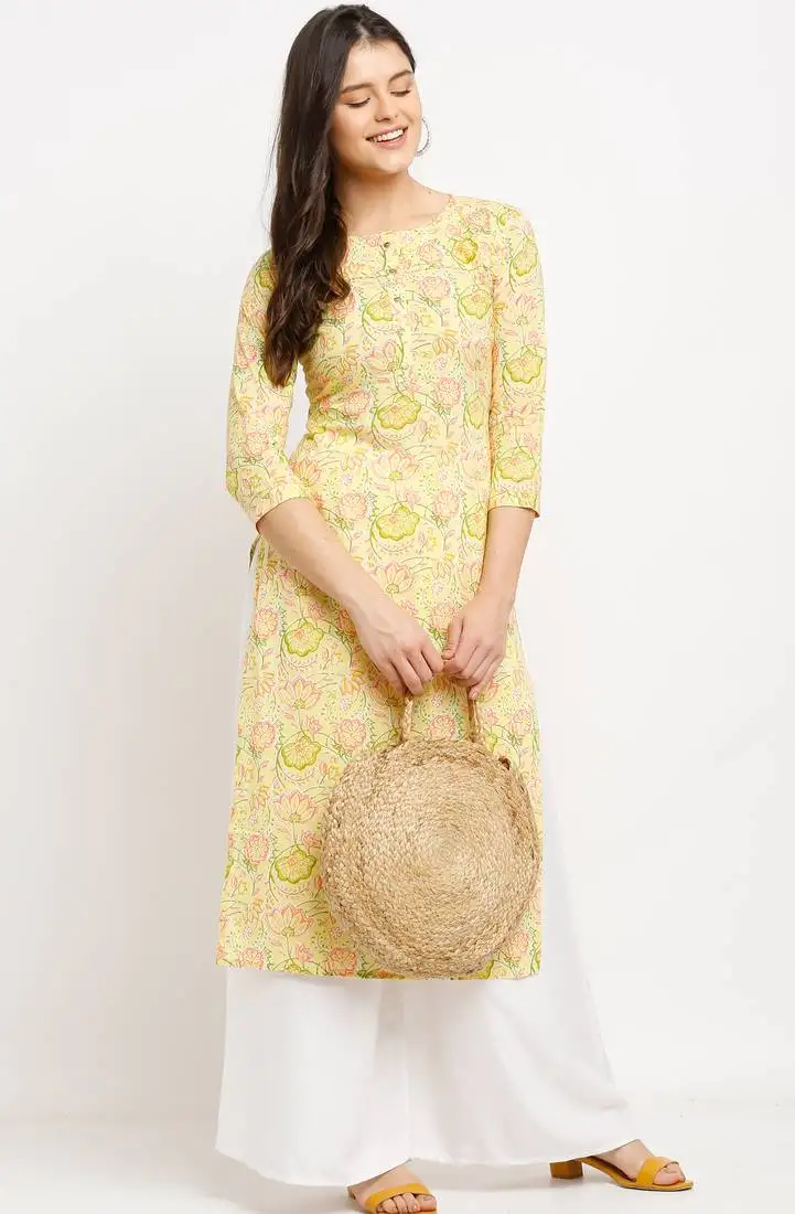 Yellow women's pure cambric cotton jaipuri printed kurti