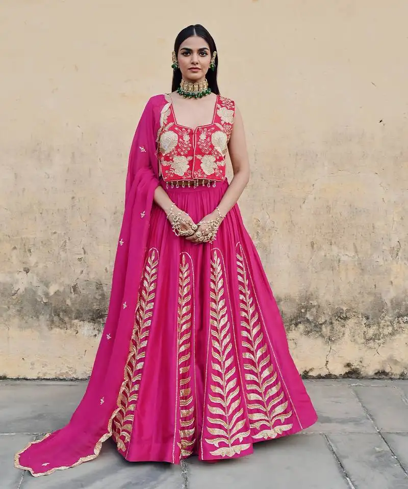 12 kali leaf embroidered lehenga with blouse and dupatta