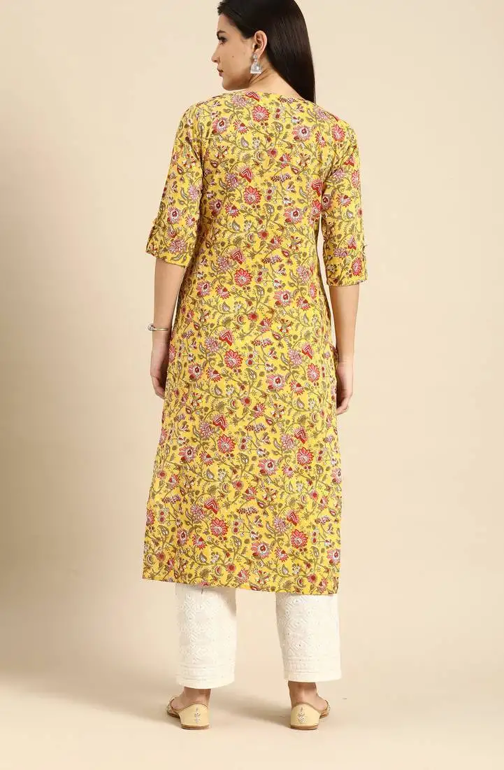 Yellow women's pure cambric cotton kalamkari floral print kurti