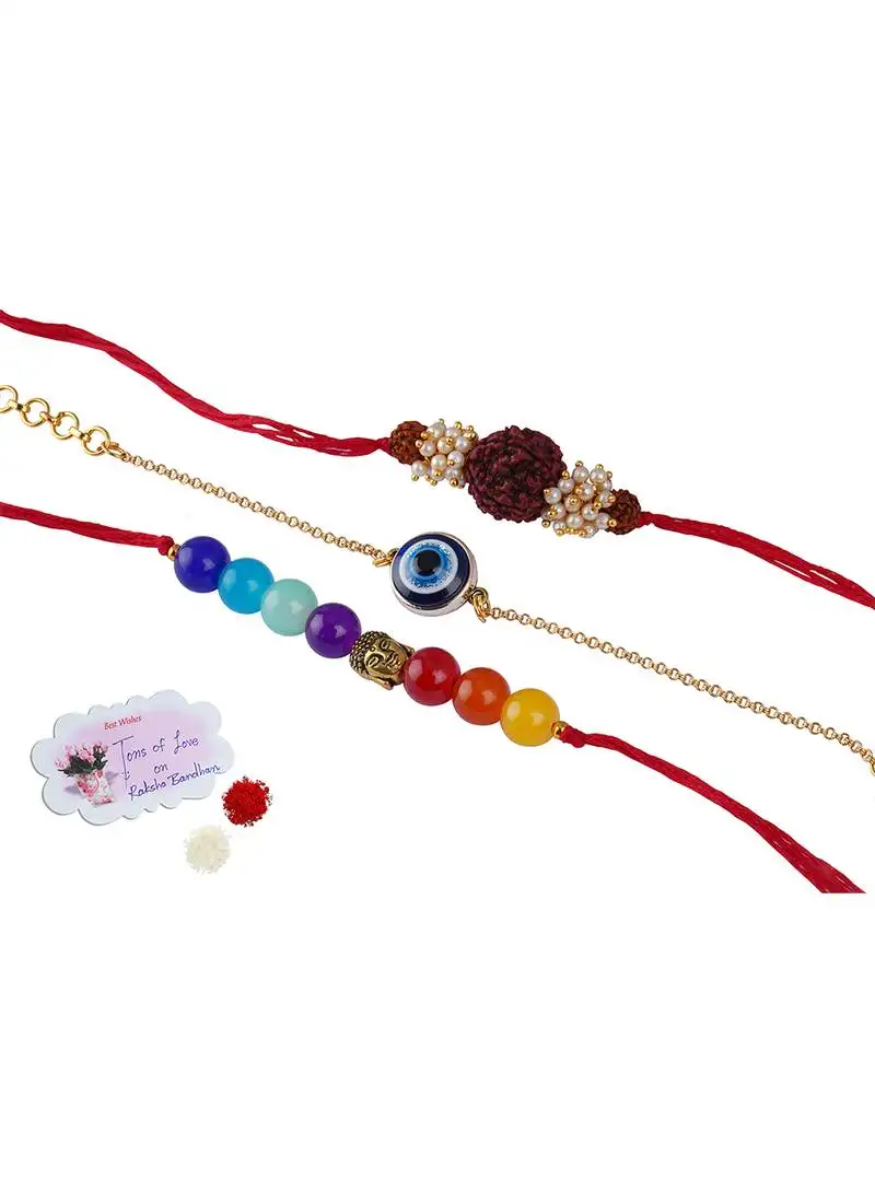 3 fashion 7 chakra, evil eye & rudraksha rakhi for rakshabandhan festival brother rakhi handcrafted