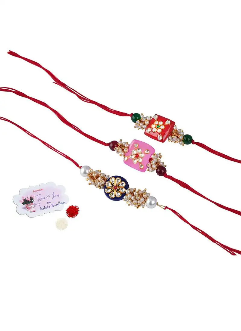 3 colorful design kundan stone rakhi for bhaiya ,bhai rakhi set with roli chawal for raksha bandhan