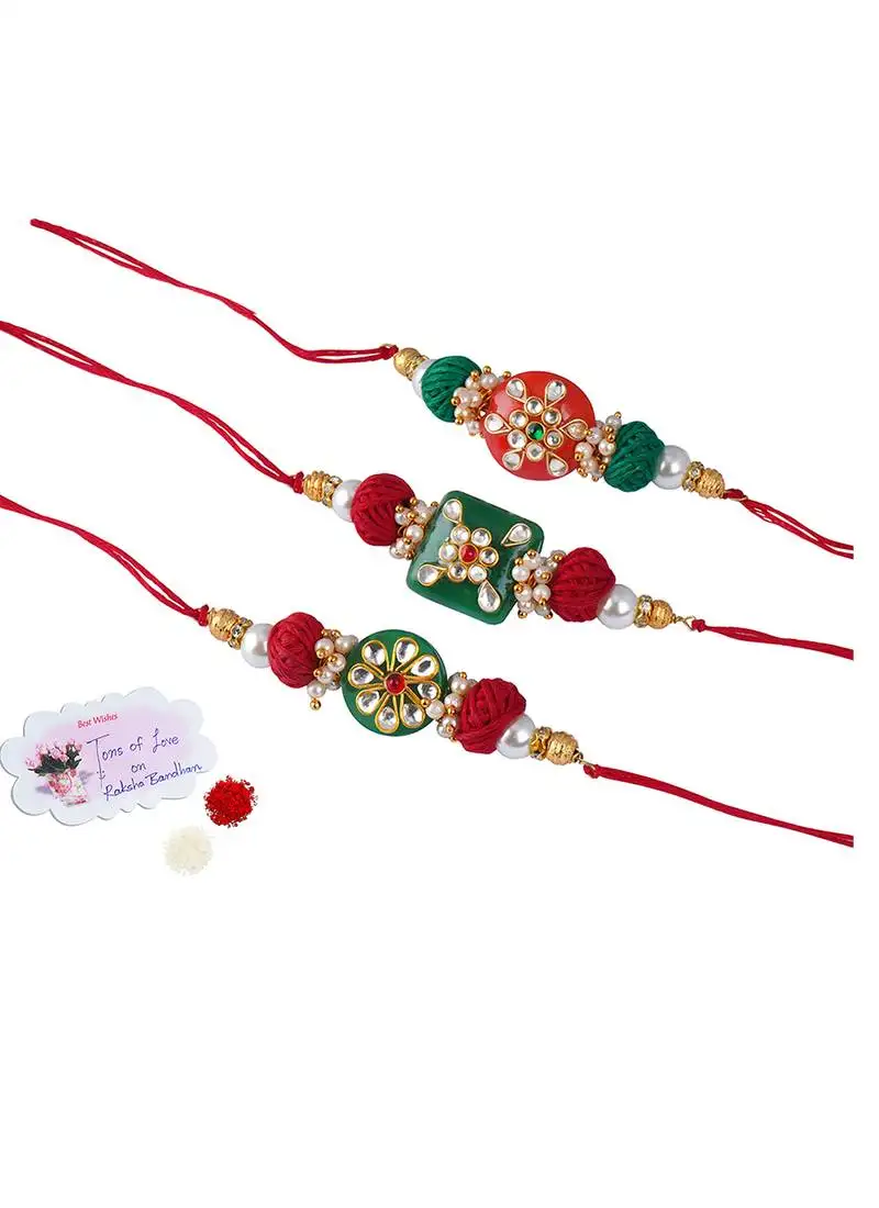 3 colorful kundan stone rakhi for bhaiya ,bhai rakhi set with roli chawal for raksha bandhan