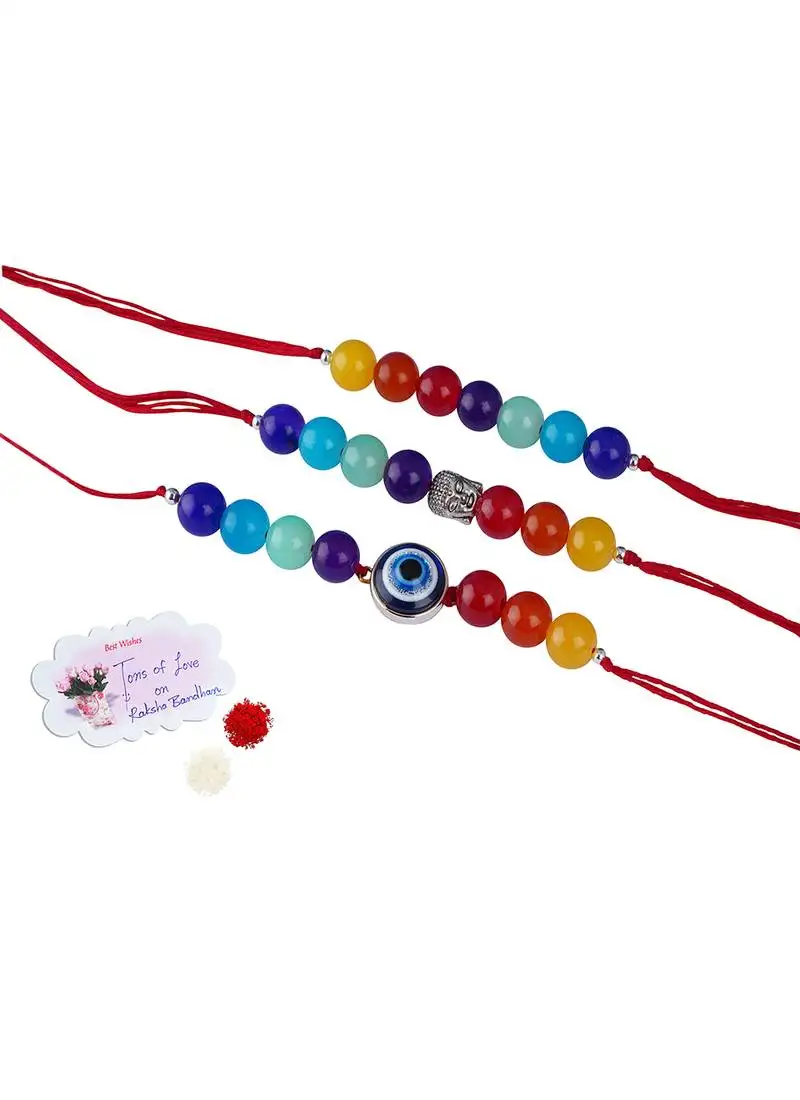 3 fashion 7 chakra with evil eye and buddha rakhi for rakshabandhan festival bhaiya rakhi