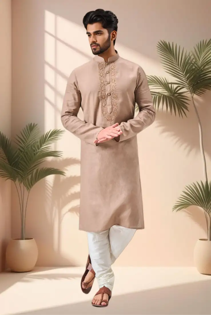 Beige linen embroidery kurta pajama set
